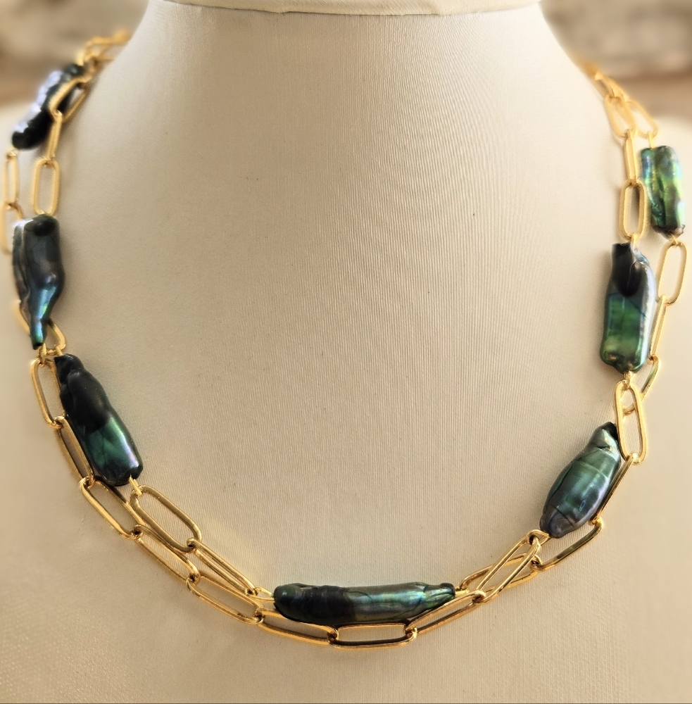 Green Peacock Freshwater Pearl Sticks Biwa In Two Strand GP Paperclip  Necklace